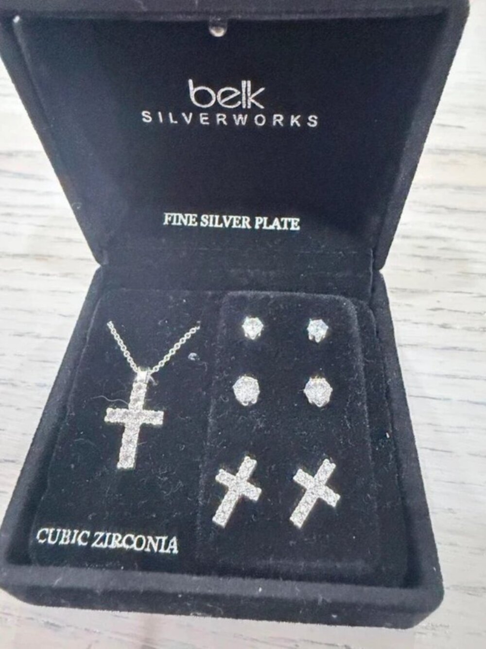 belk Silver Cubic Zirconia Cross Necklace and Earring Set